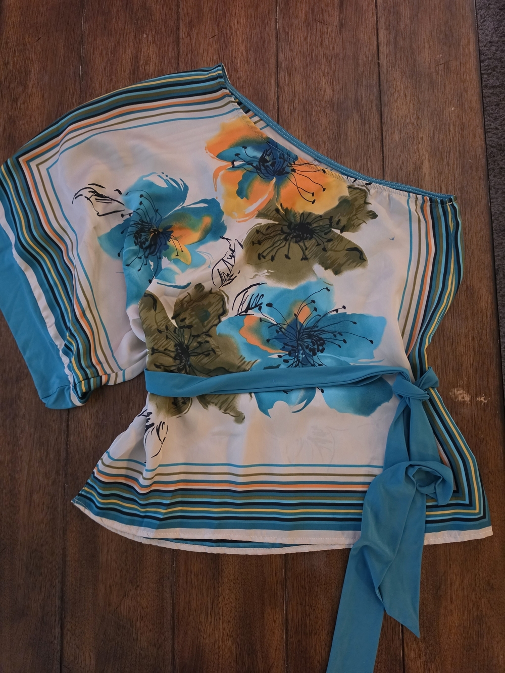 Trac Teal Floral One-Shoulder Tie-Waist Blouse